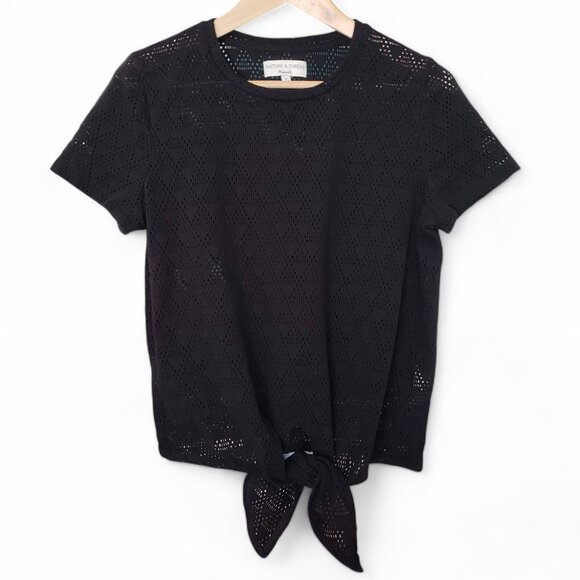 Madewell Texture & Thread Top Women's Black Modern Tie-Front Geo-Eyelet Knit M - Picture 2 of 7